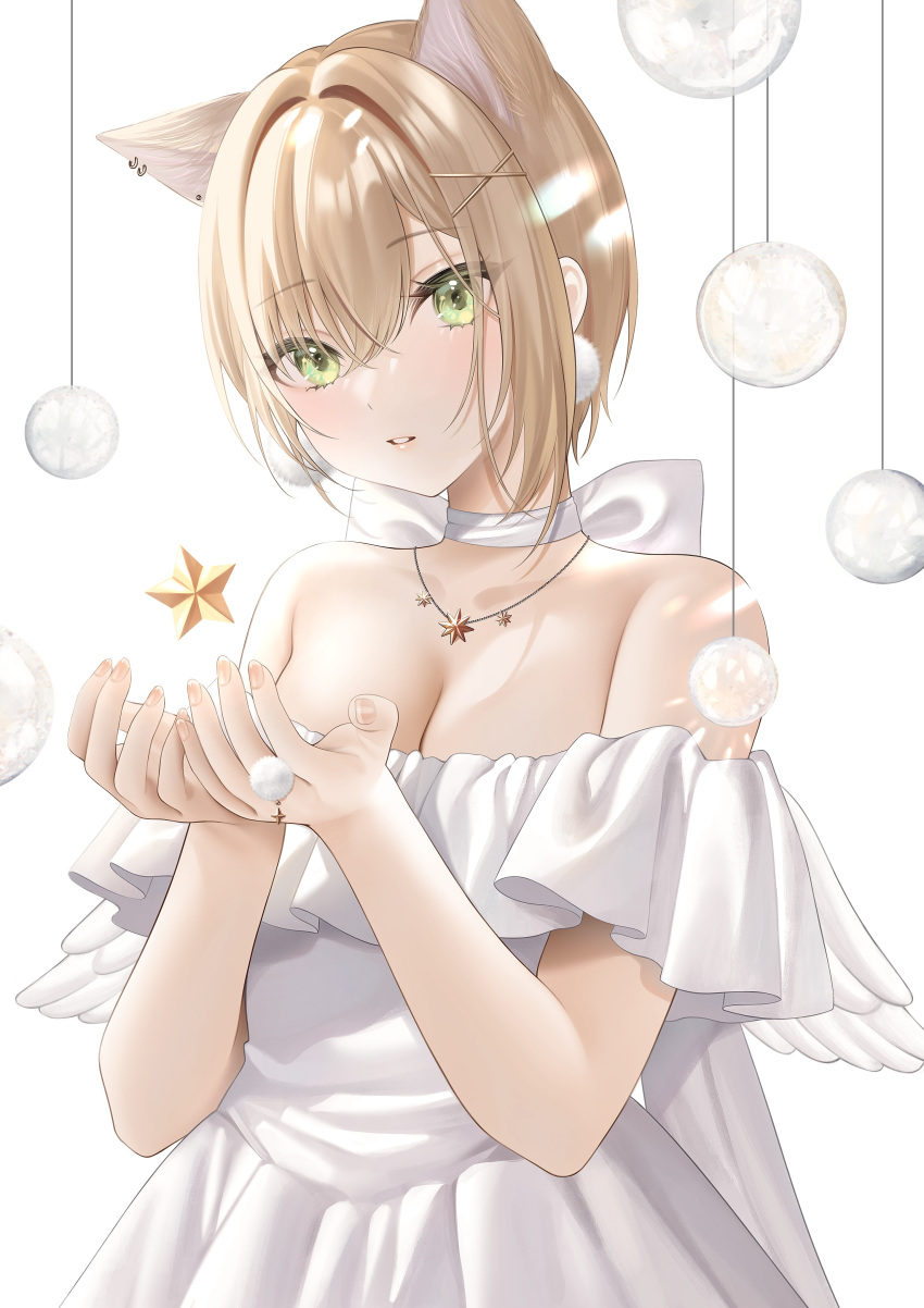 absurdres angel_wings animal_ears bare_shoulders blonde_hair blush breasts cat_ears choker cleavage commentary crossed_bangs cupping_hands dangling dress earrings english_commentary expressionless feathered_wings female floating frilled_dress frills green_eyes hair_between_eyes hair_intakes hair_ornament hair_over_eyes hairclip hands_up highres holding holding_star iris_black_games jewelry kurumi_noah looking_at_viewer medium_breasts necklace off-shoulder_dress off_shoulder own_hands_together parted_lips pink_nails pleated_dress pom_pom_(clothes) pom_pom_earrings pomelunch refraction ribbon ring short_hair simple_background solo star_(symbol) star_necklace virtual_youtuber vspo! white_background white_dress white_ribbon wings x_hair_ornament