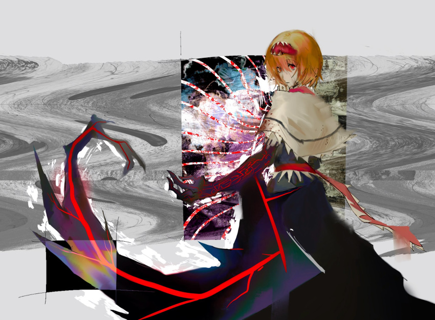 abstract_background alice_margatroid arm_blade biming blonde_hair blood blood_on_clothes bois_de_justice capelet cookie_(touhou) cowboy_shot dies_irae dress expressionless female frilled_hairband frilled_sash frills grey_background grey_dress hair_between_eyes hairband highres hinase_(cookie) long_bangs looking_at_viewer looking_back open_mouth pale_skin red_eyes red_hairband red_sash sash shinza_bansho_series short_hair solo touhou weapon white_capelet