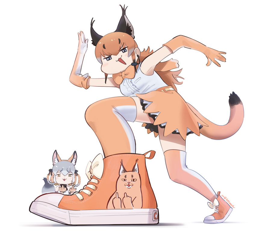 2girls absurdres animal animal_ears beleven blue_eyes boots bow bowtie caracal_(kemono_friends) cat_ears cat_girl cat_tail elbow_gloves extra_ears feline fox_ears fox_girl fox_tail gloves grey_hair highres island_fox_(kemono_friends) kemono_friends kemono_friends_v_project long_hair looking_at_viewer microphone multiple_girls orange_hair ribbon shirt shoes simple_background skirt sleeveless sleeveless_shirt sneakers tail thighhighs virtual_youtuber yellow_eyes