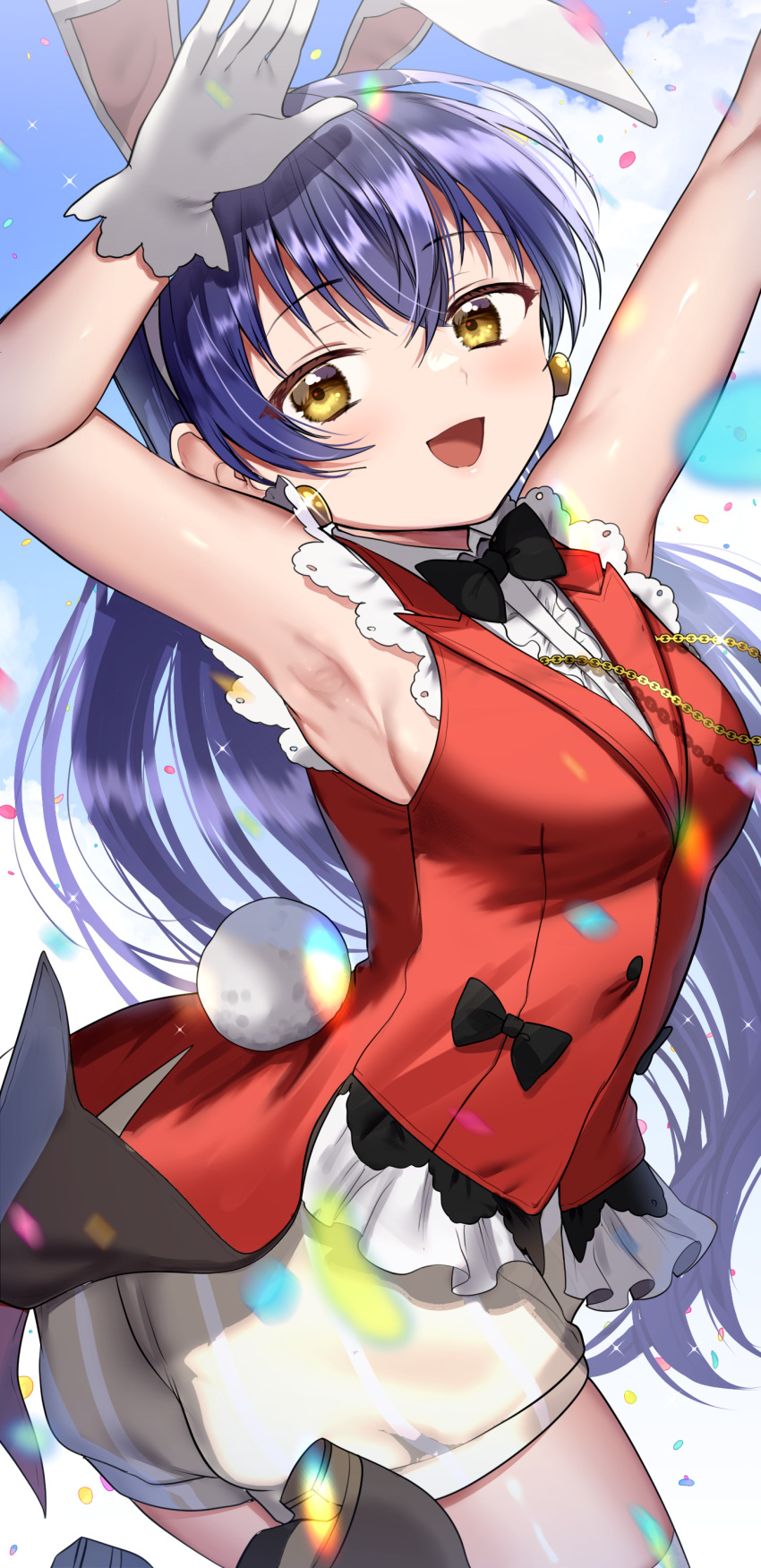 :d absurdres animal_ears armpits arms_up black_bow black_bowtie black_footwear black_vest blue_hair blue_sky blush bow bowtie breasts collared_shirt commentary cowboy_shot dark_blue_hair fake_animal_ears fake_tail female gloves highres kazepana korekara_no_someday legs_up long_hair looking_at_viewer love_live! love_live!_school_idol_project official_alternate_costume open_mouth pinstripe_shorts rabbit_ears rabbit_tail shirt shoe_soles short_shorts shorts sideboob sky sleeveless sleeveless_shirt smile solo sonoda_umi tail vest white_gloves white_shirt white_shorts yellow_eyes