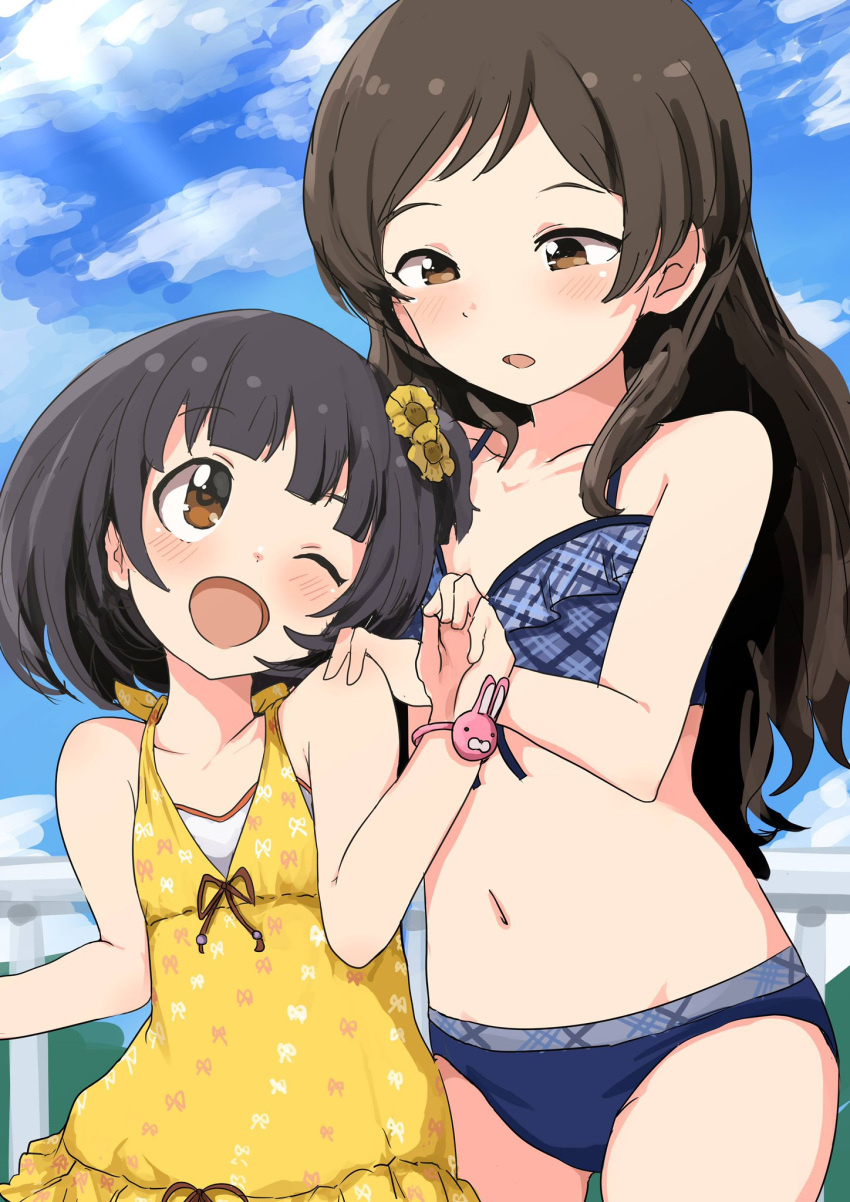 2girls bare_shoulders bikini black_hair blue_bikini blue_sky blush bow breasts brown_bow brown_eyes brown_hair collarbone cowboy_shot day dot_nose fence flower futsuu_(fu_strawberry9) hair_flower hair_ornament hand_on_another's_shoulder hand_up highres idolmaster idolmaster_million_live! idolmaster_million_live!_theater_days kitazawa_shiho long_hair looking_at_another looking_up medium_breasts multiple_girls nakatani_iku navel one-piece_swimsuit one_eye_closed one_side_up open_mouth outdoors parted_lips plaid_bikini plaid_clothes short_hair sky smile standing sunlight swimsuit tree yellow_flower yellow_one-piece_swimsuit