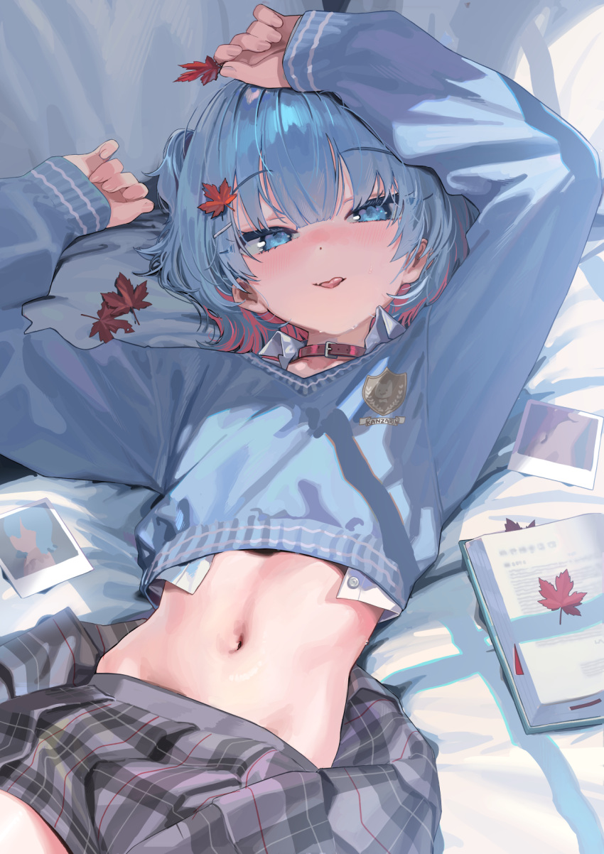 arms_up bed_sheet black_collar black_skirt blue_eyes blue_hair blue_sweater book breasts collar commentary_request crop_top cropped_sweater female highres indie_virtual_youtuber kanzarin kanzarin_(vtuber) leaf looking_at_viewer lying maple_leaf midriff multicolored_hair navel on_back on_bed photo_(object) pink_hair plaid_clothes plaid_skirt shirt shirt_under_sweater skirt sleeves_past_wrists small_breasts solo streaked_hair sweater two_side_up virtual_youtuber white_shirt