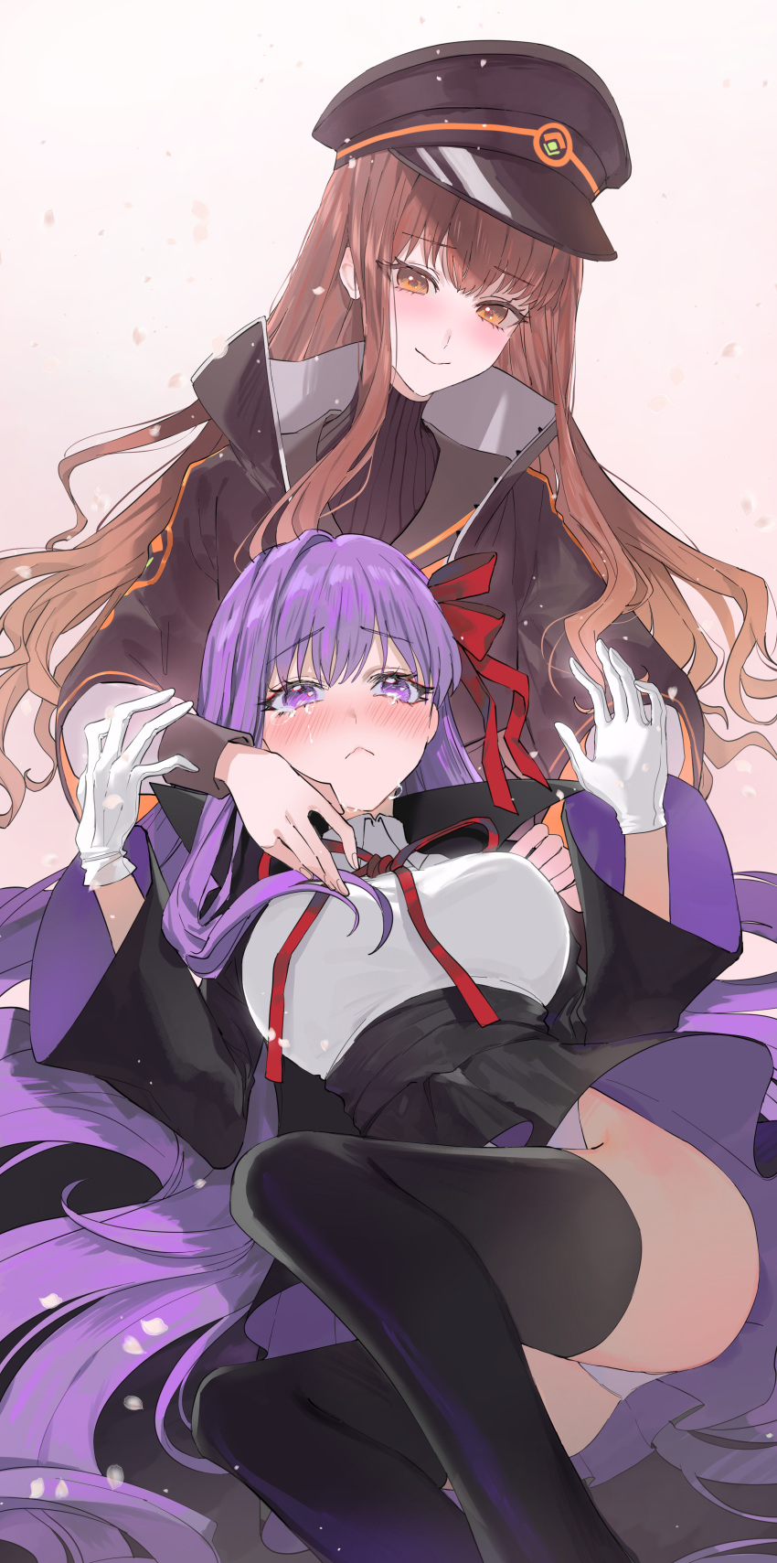 2girls absurdres bb_(fate) bb_(fate/extra) black_coat black_hat black_jacket black_sailor_collar black_shirt black_skirt black_thighhighs blush breasts brown_eyes brown_hair coat collared_leotard fate/grand_order fate_(series) gloves hair_ribbon hat high-waist_skirt highres jacket kishinami_hakuno_(female) kishinami_hakuno_(female)_(mooncancer) large_breasts leotard long_hair long_sleeves multiple_girls neck_ribbon neckerchief open_clothes open_coat orange_neckerchief orange_trim peaked_cap popped_collar purple_eyes purple_hair red_ribbon ribbon sailor_collar shirt sidelocks skirt small_breasts smile thighhighs thighs very_long_hair white_gloves white_leotard white_shirt wide_sleeves yurumawari