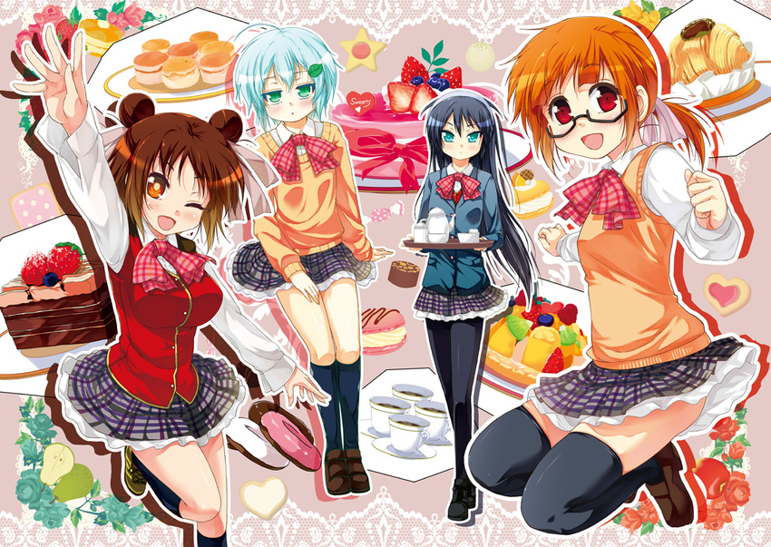 4girls black_legwear blush brown_eyes brown_hair cake commentary_request eboshi_momono food glasses green_eyes green_hair katase_hakui kuriyama_yumino leaf long_hair looking_at_viewer mikuri_gakuen_sweets-bu multiple_girls one_eye_closed pantyhose porurin short_hair shougo_konatsu skirt smile thighhighs