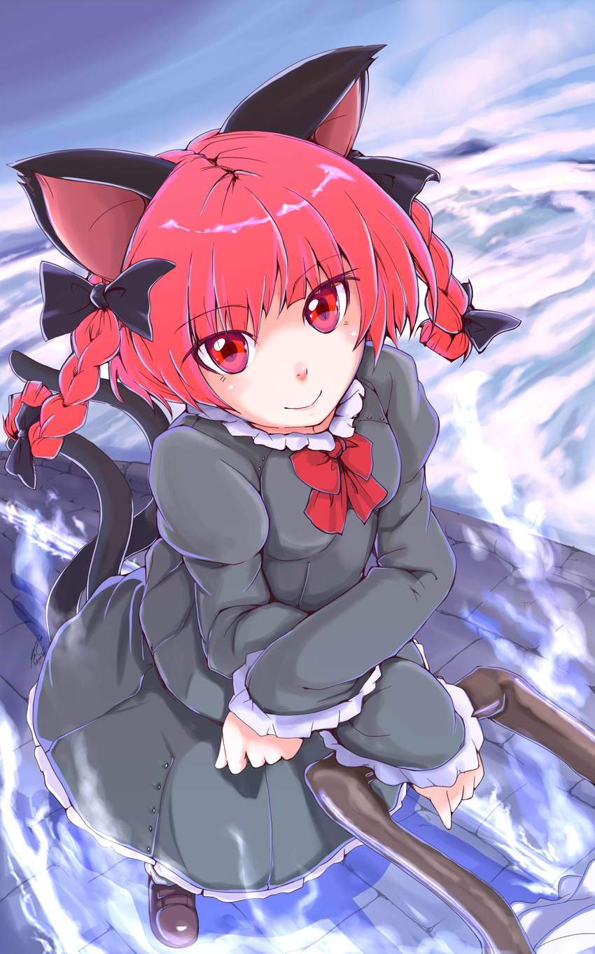 absurdres animal_ears blush bow braid breasts cat_ears cat_tail commentary_request female hairbow hayate-s highres kaenbyou_rin long_hair long_sleeves looking_at_viewer looking_up medium_breasts multiple_tails red_eyes red_hair ribbon skirt smile solo spirit tail touhou twin_braids wheelbarrow