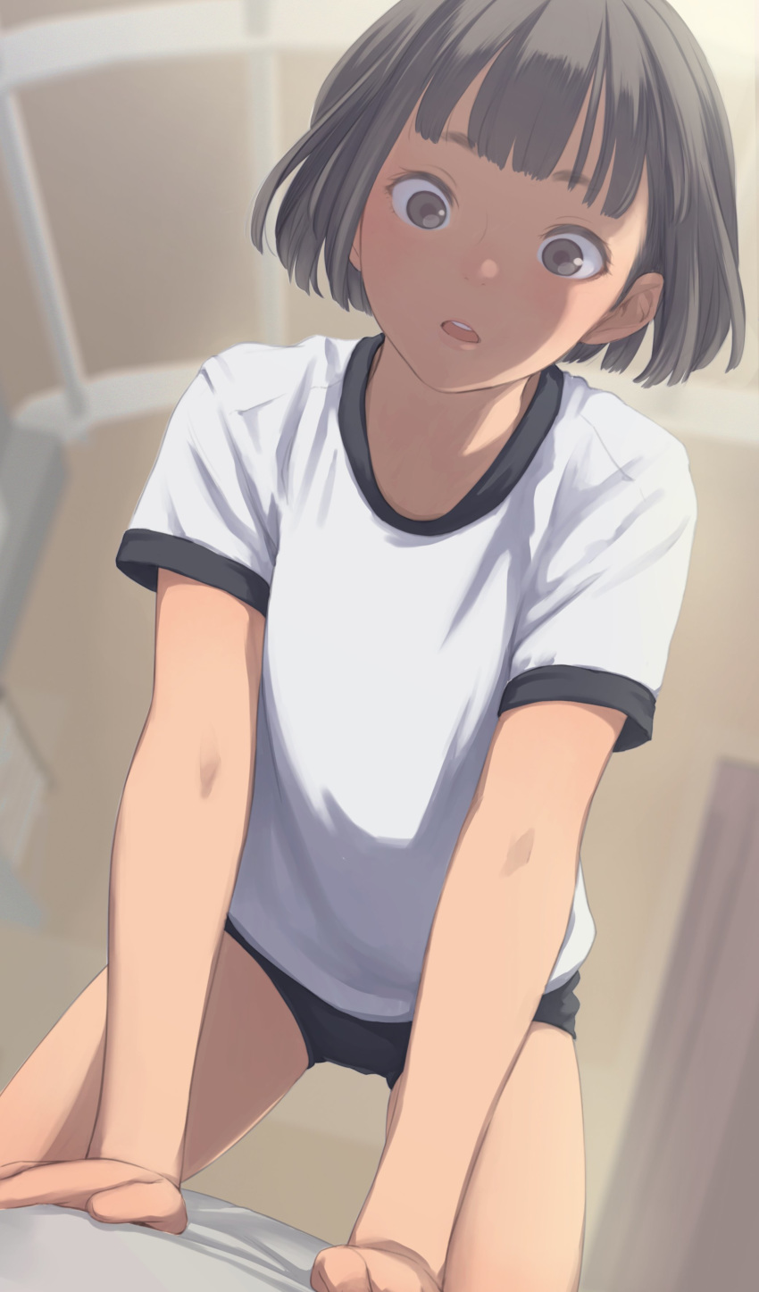 absurdres all_fours blurry blurry_background bob_cut buruma comic_koh commentary_request depth_of_field female grey_eyes grey_hair gym_uniform highres indoors kamo_(gafas) looking_at_viewer original parted_lips round_teeth shirt short_hair solo teeth white_shirt wide-eyed