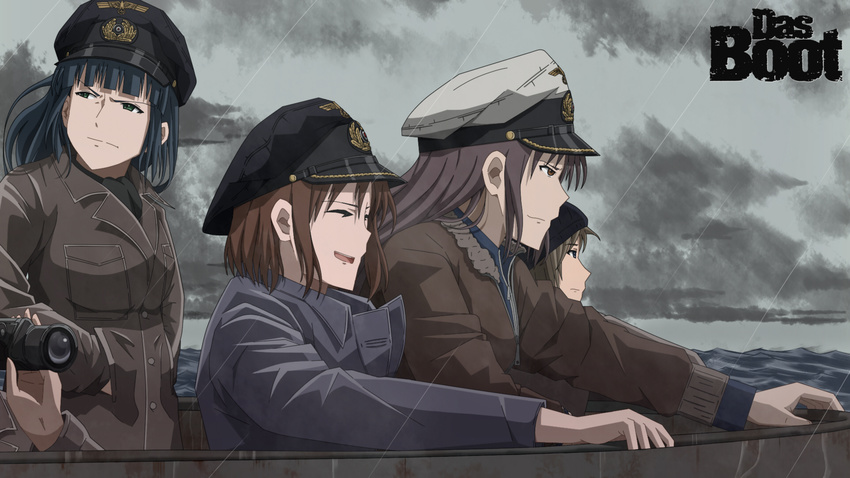 4girls bad_id bad_pixiv_id beanie binoculars black_hair brown_eyes brown_hair capt.-lt._henrich_lehmann-willenbrock closed_eyes cloud coat copyright_name das_boot green_eyes hands_in_pockets hat highres jacket kriegsmarine long_hair looking_back military military_uniform military_vehicle multiple_girls naval_uniform ocean peaked_cap rain rule_63 saijou_takumi short_hair sky submarine trench_coat uniform water watercraft world_war_ii