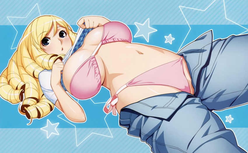 blonde_hair blue_eyes bra breasts clothes_lift denim drill_hair female highres ino_(magloid) jeans kareshi_inai_reki_=_nenrei kujou_ruri large_breasts long_hair navel open_pants panties pants parted_lips pink_bra pink_panties shirt_lift solo star_(symbol) underwear