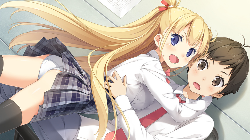 1boy :d alice_third_macy ass black_legwear blonde_hair blush brown_eyes brown_hair dress_shirt female flat_ass game_cg hair_ornament hair_ribbon highres hug kantoku koi_suru_kanojo_no_bukiyou_na_butai long_hair looking_at_viewer looking_back miyakuni_ichigo oerba_yun_fang open_mouth panties pantyshot plaid plaid_skirt purple_eyes ribbon school_uniform shirt skirt smile thighhighs two_side_up underwear very_long_hair white_panties