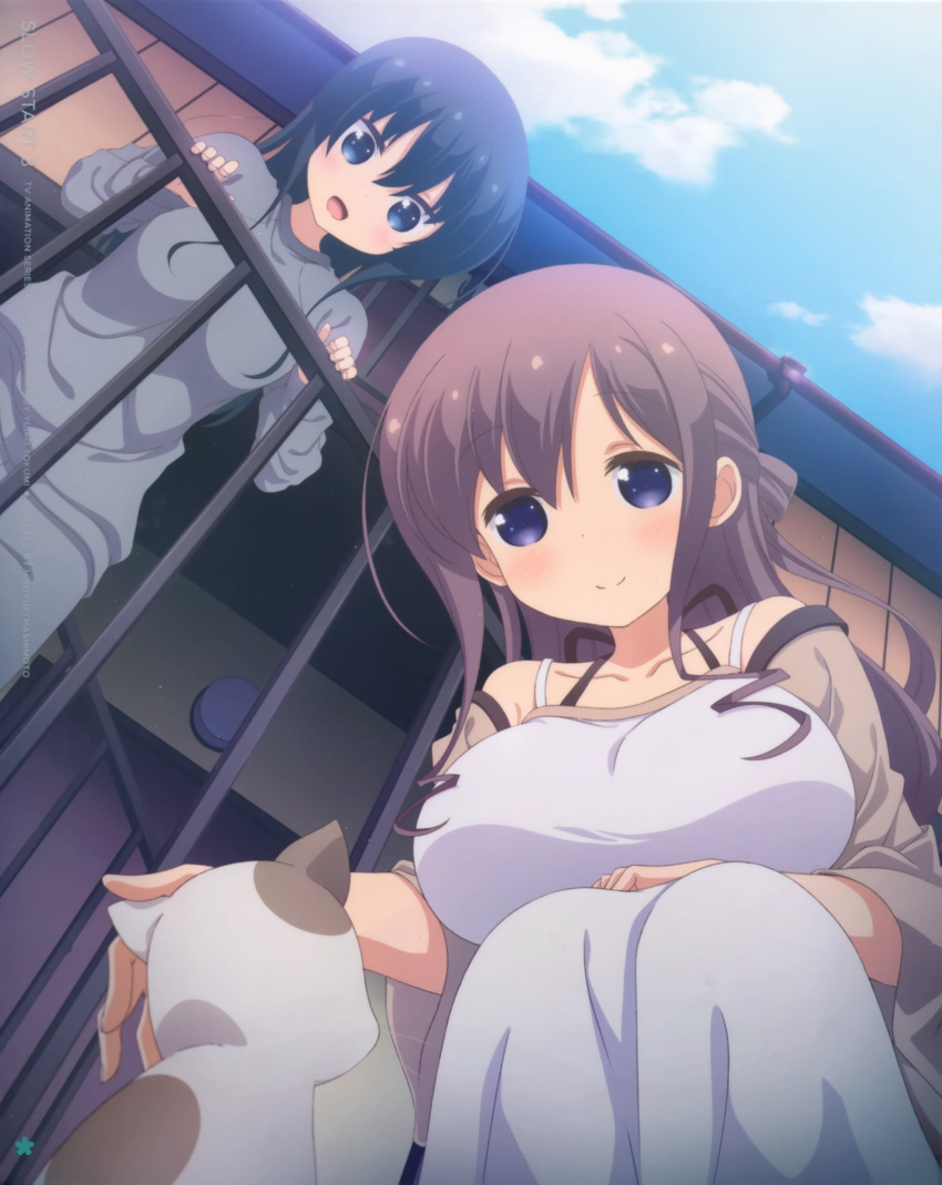 2girls absurdres animal anno_masato apron black_hair blue_eyes breasts brown_hair building cloud day feline from_below hannen_hiroe highres kyouzuka_shion large_breasts medium_breasts multiple_girls official_art open_mouth pants petting purple_eyes railing sky slow_start smile squatting standing sweater sweatpants