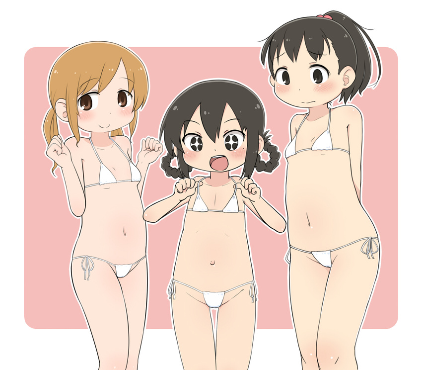 +_+ 3girls bikini hair_bobbles hair_ornament itou_shiori katou_mayumi lolicon looking_at_viewer micro_bikini mitsudomoe multiple_girls navel ogata_airi open_mouth shiny shiny_hair shiny_skin short_hair side-tie_bikini small_breasts tomboo white_bikini