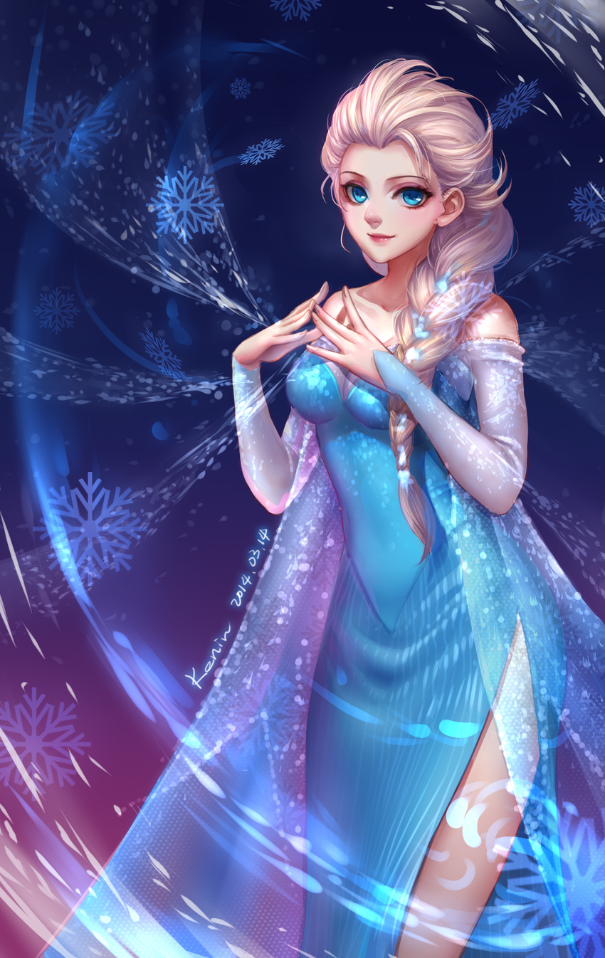 bare_shoulders blonde_hair blue_dress blue_eyes braid breasts cleavage commentary_request dated dress elsa_(frozen) female frozen_(disney) hair_over_shoulder highres kenin lipstick long_hair makeup medium_breasts photoshop_(medium) side_slit signature single_braid smile snowflakes solo