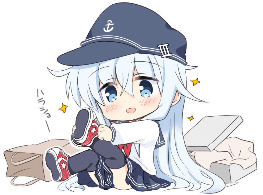 :d anchor_symbol bag black_hat black_sailor_collar black_skirt black_thighhighs blue_eyes blue_hair blush box chibi commentary_request female flat_cap hair_between_eyes hat hibiki_(kancolle) hizuki_yayoi horosho kantai_collection long_hair long_sleeves neckerchief open_mouth paper_bag pleated_skirt red_footwear red_neckerchief sailor_collar school_uniform serafuku shirt shoe_soles shoes simple_background sitting skirt smile solo sparkle thighhighs translated very_long_hair white_background white_shirt