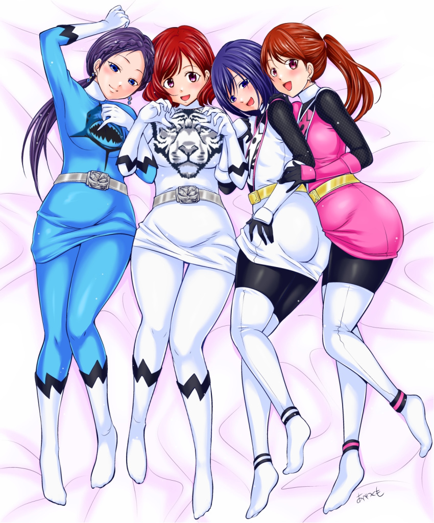 4girls :d abe_tsukumo amu_(doubutsu_sentai_zyuohger) animification ass blue_eyes breasts brown_eyes brown_hair closed_mouth doubutsu_sentai_zyuohger earrings highres igasaki_fuuka jewelry long_hair looking_at_viewer momochi_kasumi momoninger multiple_girls no_headwear open_mouth pantyhose sera_(doubutsu_sentai_zyuohger) shironinger short_hair shuriken_sentai_ninninger skirt smile super_sentai zyuoh_shark zyuoh_tiger