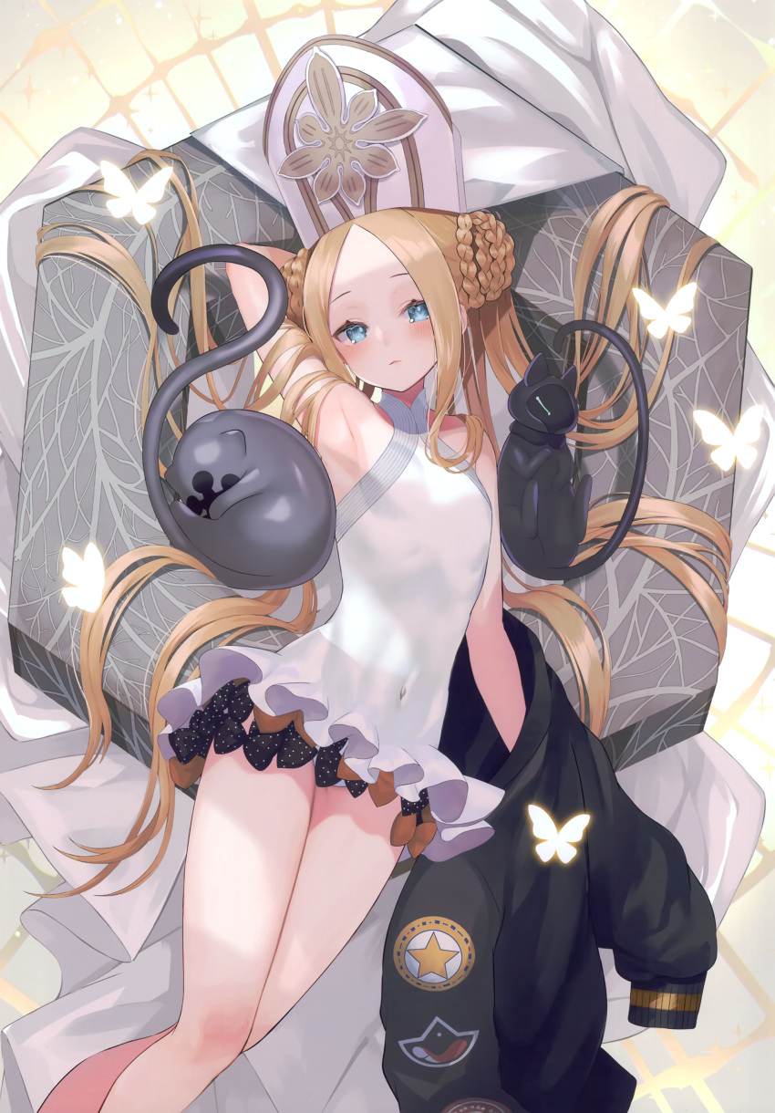 abigail_williams_(fate) abigail_williams_(swimsuit_foreigner)_(fate) abigail_williams_(swimsuit_foreigner)_(second_ascension)_(fate) absurdres arm_up armpits bare_shoulders blonde_hair blue_eyes blush bow breasts bug butterfly closed_mouth covered_navel double_bun fate/grand_order fate_(series) feline female hair_bun hat highres holding jacket long_hair looking_at_viewer mitre multiple_bows one-piece_swimsuit parted_bangs polka_dot scan simple_background sleeveless small_breasts suzuho_hotaru swimsuit twintails white_one-piece_swimsuit