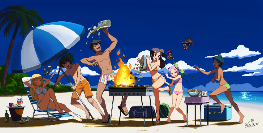 2boys 4girls absurdres alcohol aqua_hair bag ball barefoot beach beach_umbrella beachball beer beer_mug bikini black_hair blonde_hair blue_sky bowl breasts can chair character_request check_copyright closed_eyes clothes_theft cloud cooking cooler copyright_request covering_chest covering_privates cup dark_skin day drink_can drinking_glass duffel_bag facial_hair fire flat_chest flip-flops food frilled_bikini frills glasses goatee grill grilling hair_ornament hairclip height_difference highres holding holding_bowl kebab lila_(xenoblade) long_hair lounge_chair male_swimwear mug multiple_boys multiple_girls ocean one_side_up oozora_himawari oozora_kiku oozora_momo original otenki_studio outdoors palm_tree pink_hair running saitou_atsushi sandals short_hair side-tie_bikini_bottom signature sitting sky soda_can spilling standing sunlight surprised swim_trunks swimsuit table theft topless topless_male tree umbrella unworn_bikini_top