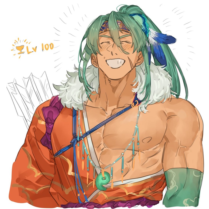 1boy bare_pectorals bbbb_fex closed_eyes cropped_torso facing_viewer fate/grand_order fate_(series) gameplay_mechanics green_hair grin hadanugi_dousa happy_aura holy_grail_(fate) jewelry large_pectorals long_hair magatama magatama_necklace male_focus muscular muscular_male necklace pectorals scar scar_on_cheek scar_on_face smile solo tawara_touta_(fate)