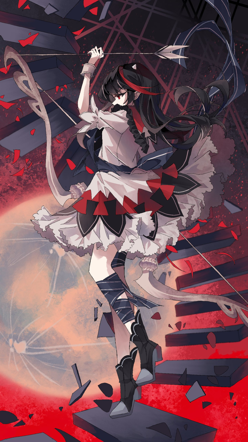 absurdres arrow_(projectile) arrow_print black_footwear black_hair bow_(weapon) commentary_request cone_horns dress female from_side full_body high_heels highres horns kijin_seija multicolored_hair red_eyes red_hair small_horns solo stairs standing streaked_hair touhou weapon white_dress white_hair white_horns zerocf155