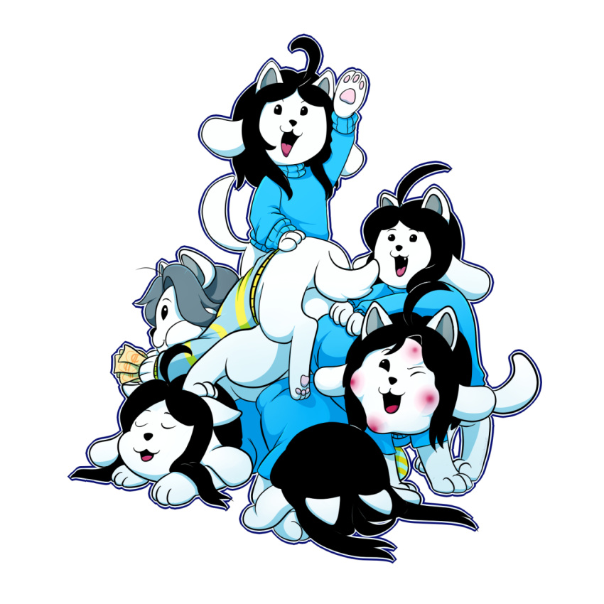 1:1 alpha_channel bob_(undertale) canid canine clothed clothing felid feline fur group hair hi_res hives mammal minji_(artist) open_mouth smile tem temmie_(undertale) topwear undertale undertale_(series) white_body white_fur