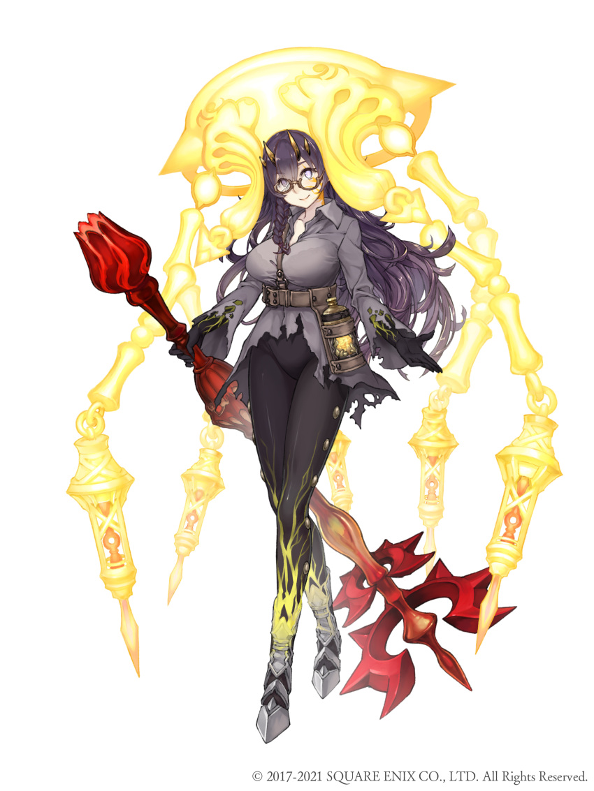 absurdres belt black_legwear black_skin braid breasts broken_eyewear canister colored_skin corruption crossed_legs dorothy_(sinoalice) empty_eyes eyes_visible_through_hair female full_body glowing_veins gradient_skin highres holding holding_weapon horns ji_no large_breasts looking_at_viewer mace official_art purple_eyes purple_hair reality_arc_(sinoalice) shirt single_braid sinoalice smile solo square_enix torn_clothes torn_shirt watson_cross weapon white_background