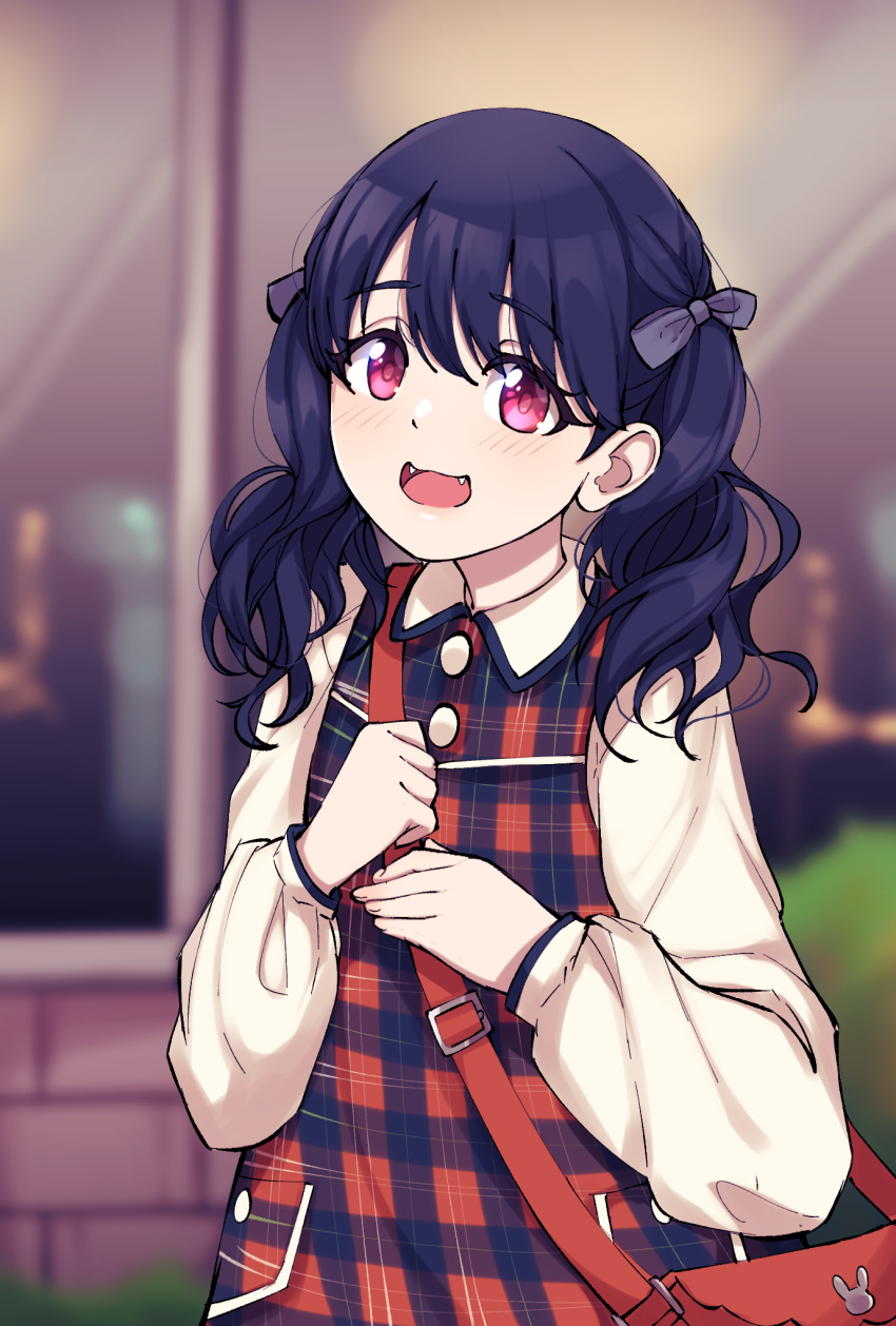 :d bag black_bow black_hair black_ribbon blush bow commentary disco_brando dress fangs female fukumaru_koito hair_ornament hair_ribbon hairbow handbag highres idolmaster idolmaster_shiny_colors long_hair long_sleeves looking_at_viewer open_mouth outdoors plaid plaid_dress ribbon smile solo twintails