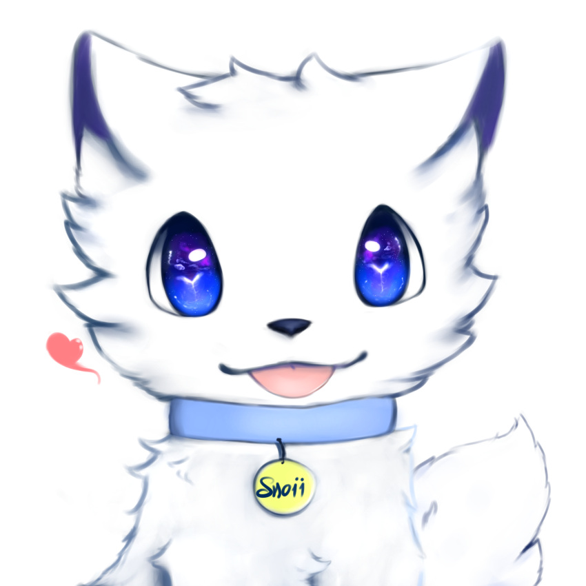 1:1 ambiguous_gender arctic_fox blep blue_eyes blue_sclera canid canine collar detailed_eyes emote feral fluffy fluffy_tail fox fur glistening glistening_eyes heart_reaction heart_symbol hi_res looking_at_viewer mammal name_tag simple_background smile snoii_(snoiifoxxo) snoiifoxxo solo tail text tongue tongue_out true_fox tuft white_background white_body white_fur