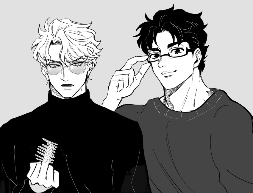 2boys adjusting_eyewear annoyed birthmark censored charai_(withoutyou222) closed_mouth dio_brando glasses hand_up highres joestar_birthmark jojo_no_kimyou_na_bouken jonathan_joestar long_sleeves looking_at_viewer male_focus middle_finger monochrome multiple_boys muscular muscular_male open_mouth parted_bangs parted_lips phantom_blood semi-rimless_eyewear short_hair simple_background smirk sunglasses sweater swept_bangs turtleneck turtleneck_sweater under-rim_eyewear upper_body