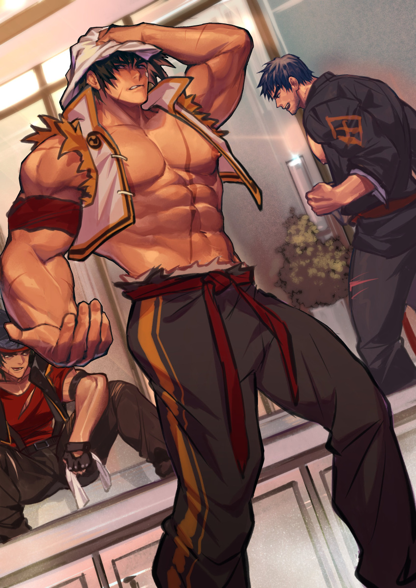 3boys abs absurdres armband bad_id bad_twitter_id baimeme bara bare_pectorals black_hair black_jacket black_pants cropped_jacket dougi dungeon_and_fighter fighter_(dungeon_and_fighter) grappler_(dungeon_and_fighter) headband highres jacket large_pectorals looking_at_viewer male_brawler_(dungeon_and_fighter) male_fighter_(dungeon_and_fighter) male_focus multiple_boys muscular muscular_male navel nipples open_clothes open_jacket pants pectorals red_shirt scar scar_on_arm scar_on_cheek scar_on_chest scar_on_face shirt short_hair torn_clothes torn_jacket towel towel_on_head white_jacket