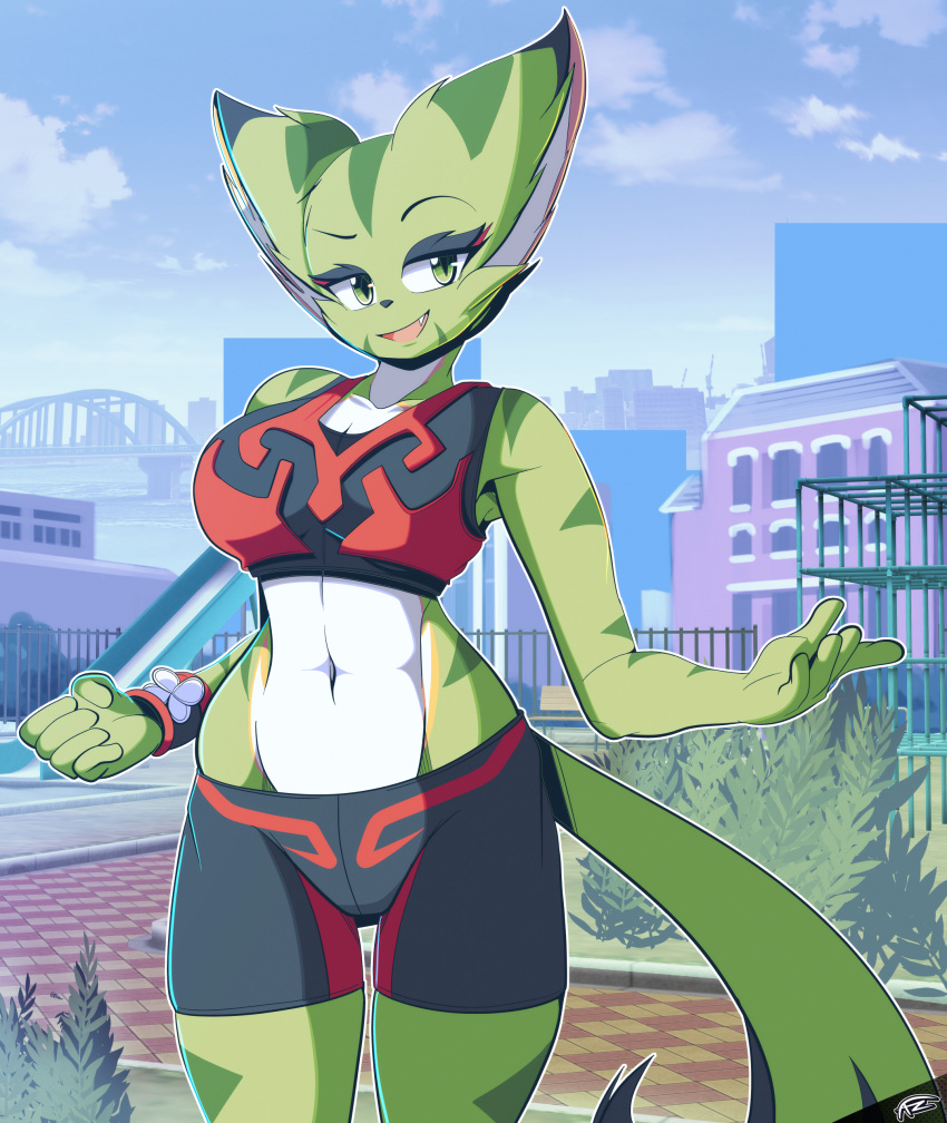 absurd_res anthro bottomwear bra carol_tea city cityscape clothing detailed_background felid feline felis female freakyed freedom_planet galaxytrail hi_res mammal midriff navel outside pinup pose shorts smile solo sports_bra underwear wildcat