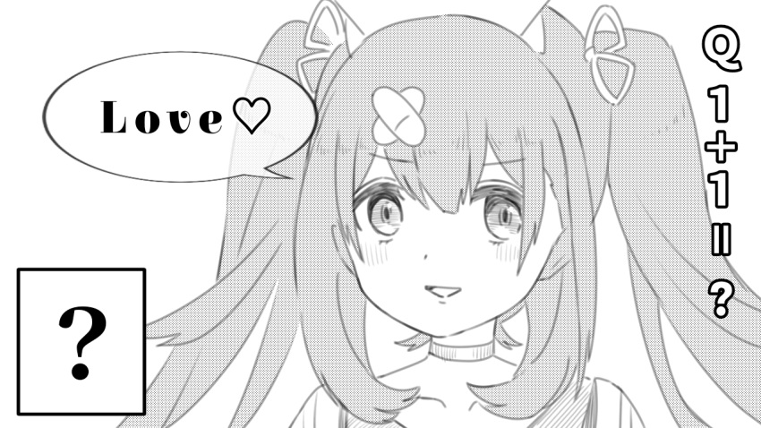 ? collarbone commentary english_text female greyscale hair_ornament hanamori_healthy indie_virtual_youtuber long_hair looking_at_viewer momo_kimuchi008 monochrome open_mouth pill_hair_ornament simple_background solo twintails virtual_youtuber white_background