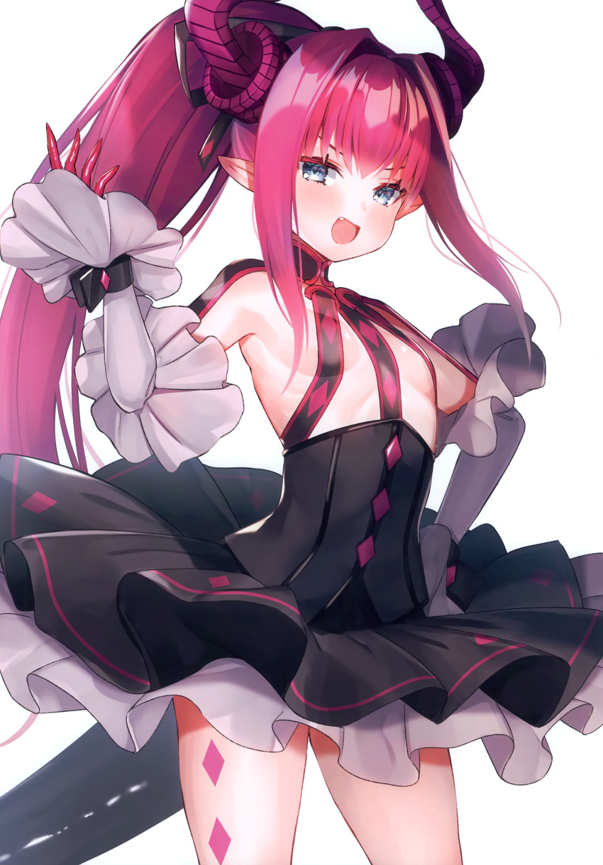 absurdres blue_eyes blush breasts circle_skirt curled_horns detached_sleeves dragon_horns dragon_tail dress elizabeth_bathory_(fate) elizabeth_bathory_(fate/extra_ccc) elizabeth_bathory_(first_ascension)_(fate) fate/extra fate/extra_ccc fate/grand_order fate_(series) female gloves hand_on_own_hip hand_up highres horns layered_skirt long_hair looking_at_viewer oerba_yun_fang open_mouth pink_hair pointy_ears ponytail revealing_clothes scan short_dress simple_background skirt small_breasts solo suzuho_hotaru tail