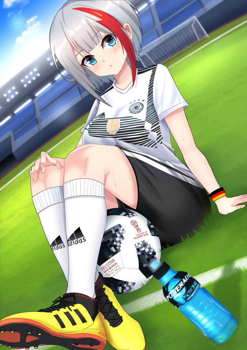 2018 2018_fifa_world_cup adidas adidas_predator admiral_graf_spee_(azur_lane) arm_support armband azur_lane ball black_shorts blue_eyes blue_sky blush bottle breasts check_commentary chinese_commentary closed_mouth cloud commentary_request day dutch_angle female fingernails german_flag german_text germany goal grass hand_on_own_knee highres kneehighs large_breasts lenxiao looking_at_viewer mosaic_pattern multicolored_hair on_grass outdoors partial_commentary photoshop_(medium) powerade print_shirt red_hair shirt shoes short_hair short_shorts short_sleeves shorts sitting sky sneakers soccer soccer_ball soccer_field soccer_uniform socks solo sportswear stadium streaked_hair sweat sweatband telstar_18 thighs translated water_bottle white_hair white_shirt white_socks world_cup yellow_footwear