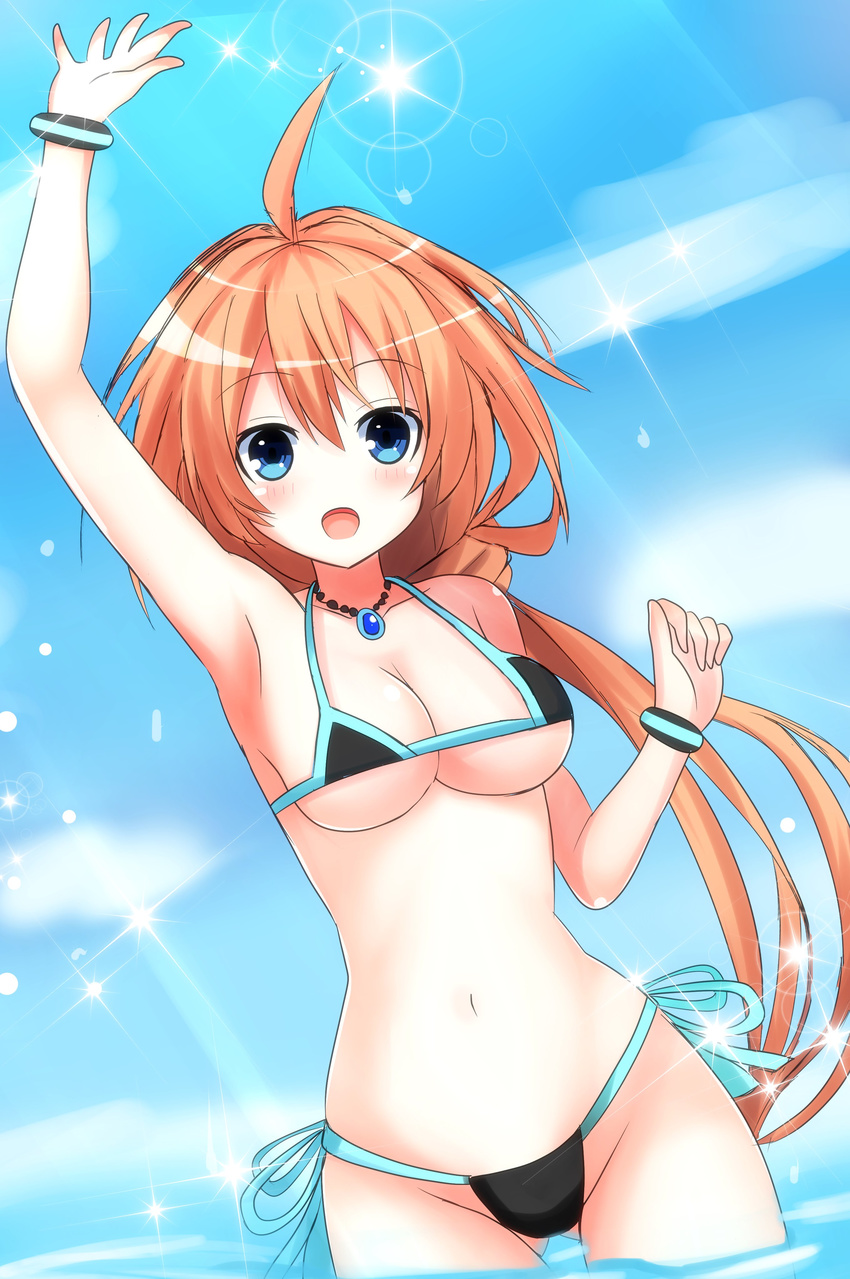 absurdres ahoge blue_eyes breasts commentary_request female highres kannuki_natsume long_hair looking_at_viewer medium_breasts navel orange_hair shironeko_haru skirt solo swimsuit tokyo_clanpool