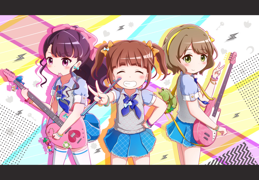 3girls ^_^ blue_bow blue_bowtie blue_shirt blue_skirt blush bow bowtie brown_hair closed_eyes closed_mouth collarbone collared_shirt commentary_request cowboy_shot drumsticks electric_guitar facing_viewer goth_risuto green_eyes grin guitar hairband hairbow hand_on_own_hip hand_up heart heart_guitar holding holding_instrument instrument kujou_ume letterboxed lightning_bolt_symbol long_hair looking_at_viewer looking_to_the_side mouth_hold multiple_girls orange_bow outstretched_arm pleated_skirt plectrum plectrum_in_mouth polka_dot polka_dot_bow ponytail puffy_short_sleeves puffy_sleeves purple_eyes purple_hair saeki_hina school_uniform shirt short_hair short_sleeves skirt smile sweater_vest thighhighs tokyo_7th_sisters twintails v v-shaped_eyebrows vest wanibuchi_emoko white_bow white_thighhighs white_vest yellow_bow yellow_hairband