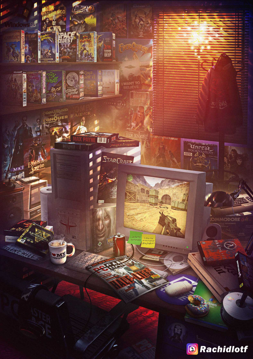 age_of_empires alyx_vance artist_name atari atari_2600 baldur's_gate battlefield_(series) battlefield_1942 bitten box cd cd_case chair civilization_(series) coat_rack coca-cola command_&_conquer commentary commodore_64 computer computer_keyboard computer_mouse computer_tower controller counter-strike counter-strike_(series) crt cup day_of_the_tentacle desk desk_lamp deus_ex deus_ex_(2000) diablo diablo_(series) diablo_1 doom_(game) doom_(series) doughnut duke_nukem duke_nukem_(series) duke_nukem_3d dungeons_&_dragons english_commentary everquest fallout_(series) fallout_2 film_grain floppy_disk food frodo_baggins gordon_freeman grand_theft_auto grand_theft_auto:_vice_city grim_fandango half-life_(series) hard_drive headphones headset highres indoors instagram instagram_username joystick lamp lara_croft light_rays magazine_(object) max_payne_(series) monitor monkey_island mug neo_(the_matrix) no_humans paper_towel pizza_hut poster_(medium) quake_3_arena rachid_lotf shadow silent_hill_(series) silent_hill_2 sony space_quest speaker star_wars starcraft sticky_note sunbeam sunlight system_shock_2 the_elder_scrolls the_elder_scrolls_iii:_morrowind the_lord_of_the_rings the_matrix tolkien's_legendarium tomb_raider trinity ufo unreal_tournament warcraft warcraft_iii window_blinds windows_95 windows_xp wolfenstein_(series) wolfenstein_3d x-com