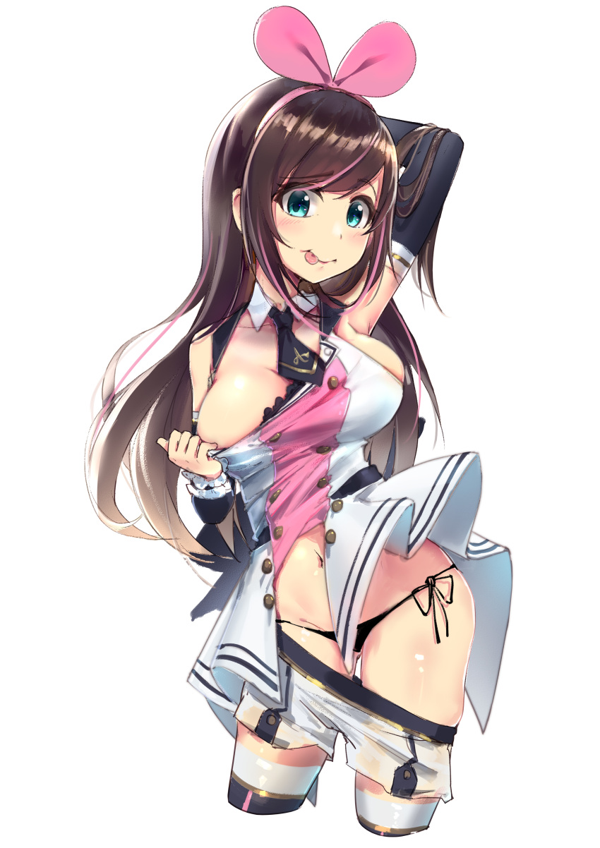 :p absurdres arm_up black_necktie black_panties black_thighhighs blue_eyes blush breasts brown_hair cleavage closed_mouth clothes_pull collar commentary_request cropped_legs detached_collar detached_sleeves female groin hair_between_eyes highres kizuna_ai kizuna_ai_(elegant) kizuna_ai_inc. large_breasts long_hair long_sleeves looking_at_viewer multicolored_hair navel necktie panties photoshop_(medium) pink_hair pulling_own_clothes shirt shirt_pull short_necktie short_shorts shorts shorts_pull side-tie_panties simple_background sleeveless sleeveless_shirt smile solo streaked_hair thighhighs tongue tongue_out underwear very_long_hair virtual_youtuber white_background white_collar white_shirt white_shorts xiaoyu