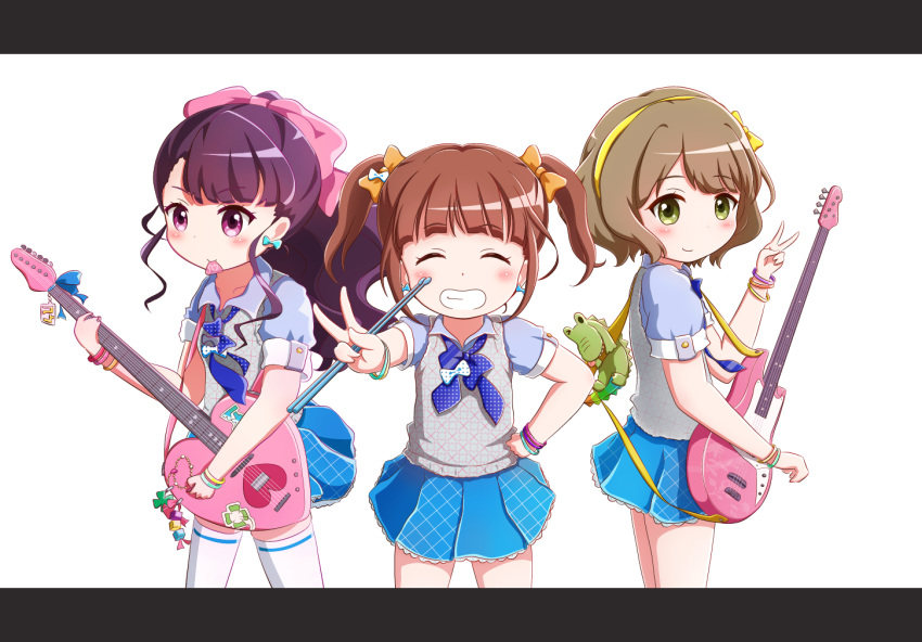 3girls ^_^ blue_bow blue_bowtie blue_shirt blue_skirt blush bow bowtie brown_hair closed_eyes closed_mouth collarbone collared_shirt commentary_request cowboy_shot drumsticks electric_guitar facing_viewer goth_risuto green_eyes grin guitar hairband hairbow hand_on_own_hip hand_up heart heart_guitar holding holding_instrument instrument kujou_ume letterboxed long_hair looking_at_viewer looking_to_the_side mouth_hold multiple_girls orange_bow outstretched_arm pleated_skirt plectrum plectrum_in_mouth polka_dot polka_dot_bow ponytail puffy_short_sleeves puffy_sleeves purple_eyes purple_hair saeki_hina school_uniform shirt short_hair short_sleeves simple_background skirt smile sweater_vest thighhighs tokyo_7th_sisters twintails v v-shaped_eyebrows vest wanibuchi_emoko white_background white_bow white_thighhighs white_vest yellow_bow yellow_hairband