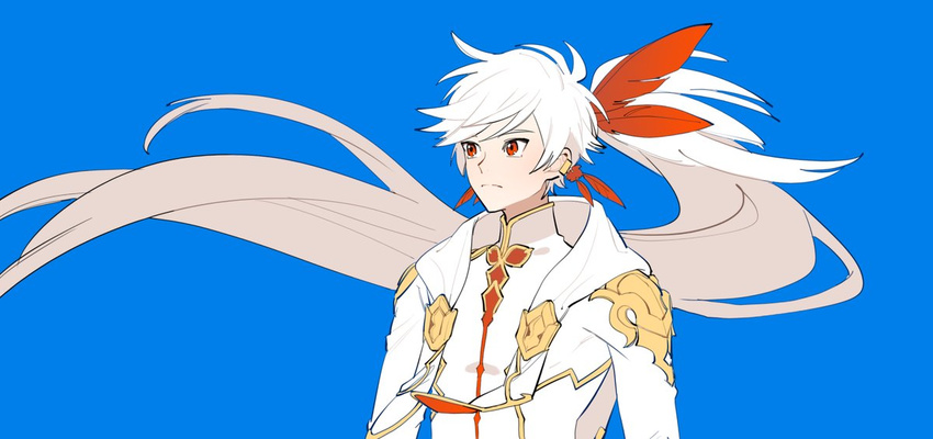 1boy earrings feather_earrings feathers fusion ho-dan. jewelry kamui_(tales_of_zestiria) lailah_(tales) long_hair male_focus omaru_y ponytail red_eyes solo sorey_(tales) tales_of_(series) tales_of_zestiria very_long_hair white_hair