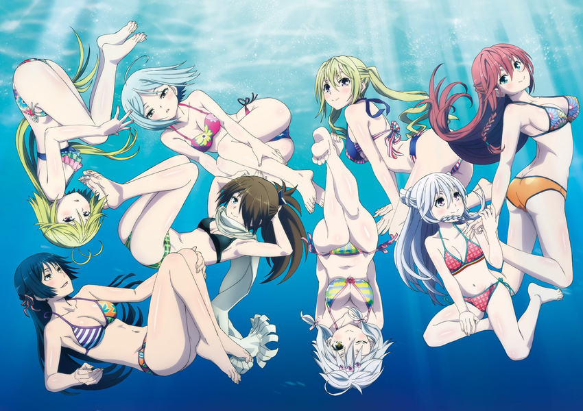 6+girls ;) ahoge arms_behind_back asami_lilith ass barefoot bikini black_bikini blonde_hair blue_bikini blush braid breasts brown_eyes brown_hair cleavage floating_hair fudou_akio_(trinity_seven) full_body green_eyes groin hair_between_eyes hair_ornament hair_over_one_eye hand_on_own_knee heart heart_hair_ornament kannazuki_arin kazama_levy kurata_yui large_breasts lieselotte_sherlock lilim_(trinity_seven) long_hair medium_breasts multiple_girls one_eye_closed orange_bikini polka_dot polka_dot_bikini ponytail red_bikini shiny_skin short_hair side-tie_bikini_bottom sideboob silver_hair small_breasts smile striped_bikini striped_clothes swimsuit trinity_seven twintails underboob underwater yamana_mira