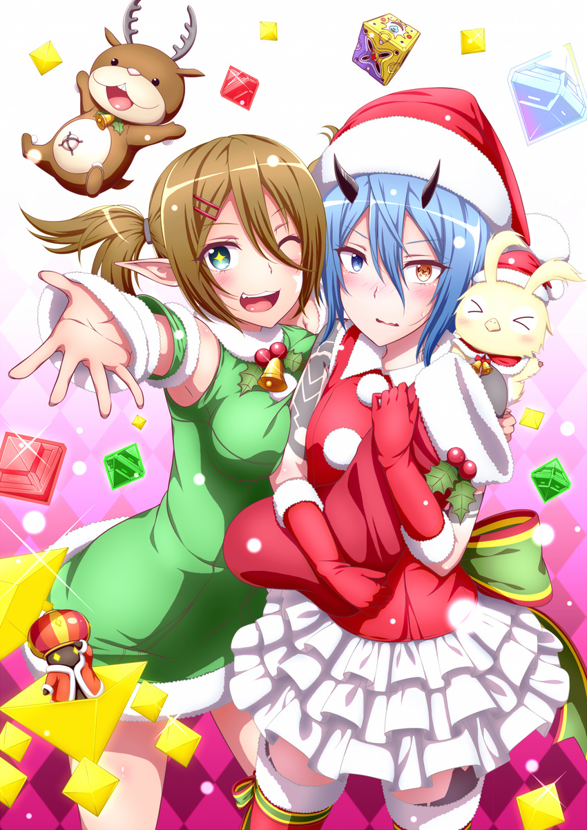 >_< +_+ 2girls ;d animal animal_on_shoulder bakuchiku bell bird bird_on_shoulder blue_eyes blue_hair blush breasts brown_hair christmas commentary_request creature deer dress fur-trimmed_gloves fur_hat fur_trim gloves gradient_background green_dress green_eyes hair_between_eyes hair_ornament hairclip hat heterochromia highres holding horns io_(pso2) looking_at_viewer medium_breasts midriff multiple_girls one_eye_closed open_mouth patty_(pso2) phantasy_star phantasy_star_online_2 pink_background pointy_ears rappy red_dress red_gloves red_hat red_legwear reindeer santa_costume santa_hat short_hair smile standing stuffed_animal stuffed_reindeer stuffed_toy teeth thighhighs tongue toy twintails upper_body upper_teeth_only wavy_mouth white_background