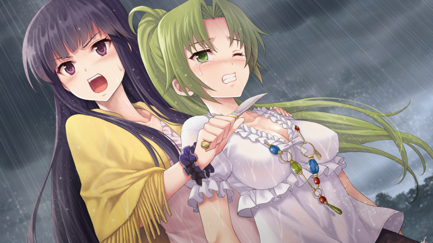 2girls aged_up blunt_bangs blush breasts cleavage clenched_teeth cloud cloudy_sky commentary_request crying crying_with_eyes_open dress furude_rika game_cg green_eyes green_hair grey_sky hand_on_another's_shoulder highres higurashi_no_naku_koro_ni hinamizawa_teiryuujo hostage knife long_dress long_hair md5_mismatch multiple_girls official_art one_eye_closed open_mouth outdoors puffy_short_sleeves puffy_sleeves purple_eyes purple_hair rain scared short_sleeves sky sonozaki_mion spoilers sweatdrop tears teeth tomozo_kaoru