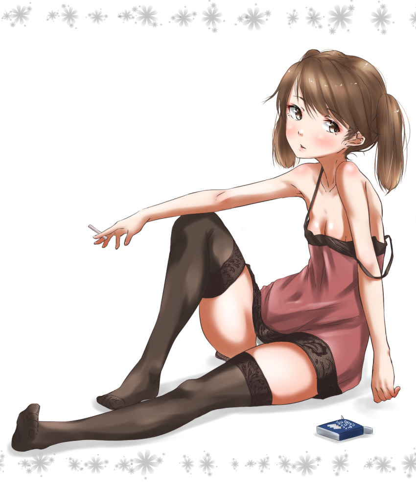 black_thighhighs blush breasts brown_eyes brown_hair candy cigarette_candy commentary_request female food highres kantai_collection long_hair looking_at_viewer orion_(company) orion_cocoa_cigarettes panties ryuujou_(kancolle) simple_background sitting sleepwear small_breasts solo strap_slip tama_(tamago) thighhighs thighs twintails underwear white_background white_panties