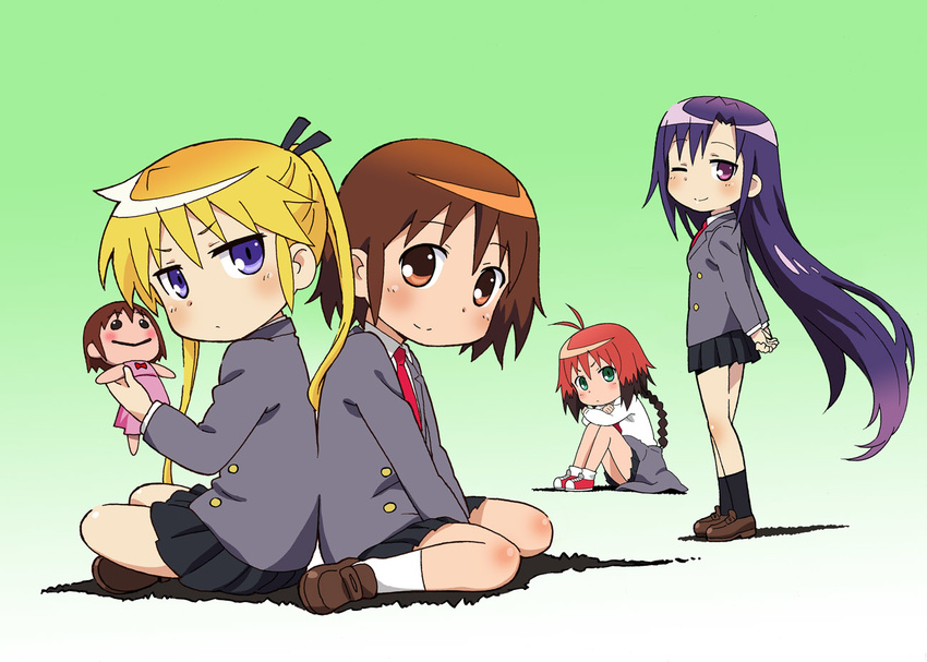 4girls blonde_hair blue_eyes brown_eyes brown_hair character_doll commentary_request goshiki_agiri hair_ribbon kill_me_baby komagoma long_hair multiple_girls necktie oribe_yasuna photoshop_(medium) purple_eyes ribbon school_uniform short_hair skirt sonya_(kill_me_baby) twintails unused_character_(kill_me_baby)