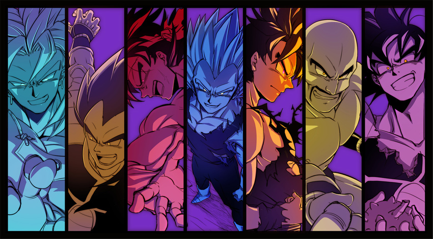 6+boys ake_(ake54) armor bald bandana bardock black_hair blonde_hair blue_eyes boots border broly_(dragon_ball_z) clenched_hands collar column_lineup commentary_request dragon_ball dragon_ball_z earrings facial_hair fighting_stance food frown fruit gloves grin jewelry long_hair looking_at_viewer looking_away male_focus moustache multiple_boys multiple_monochrome multiple_views nappa open_mouth outstretched_arms outstretched_hand photoshop_(medium) pink_eyes purple_background raditz red_eyes saiyan_armor scar short_hair smile son_goku spiked_hair super_saiyan super_saiyan_1 topless_male tullece vegeta wristband yellow_eyes