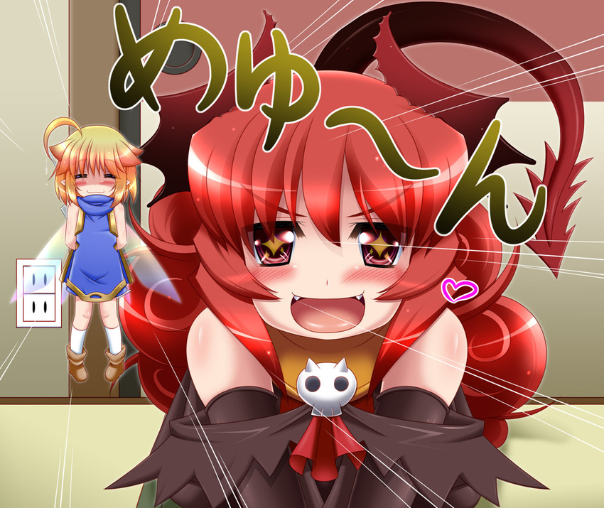 +_+ 2girls ahoge blonde_hair blush borrowed_character commentary_request crossover demon_girl demon_horns demon_tail elbow_gloves emphasis_lines fairy fairy_wings fangs flat_chest gloves horns long_hair maou_beluzel meyuu_(kso) mini_person minigirl miso_panda multiple_girls open_mouth original photoshop_(medium) pigeon-toed pointy_ears red_eyes red_hair smile socks tail v_arms wings yuusha_to_maou