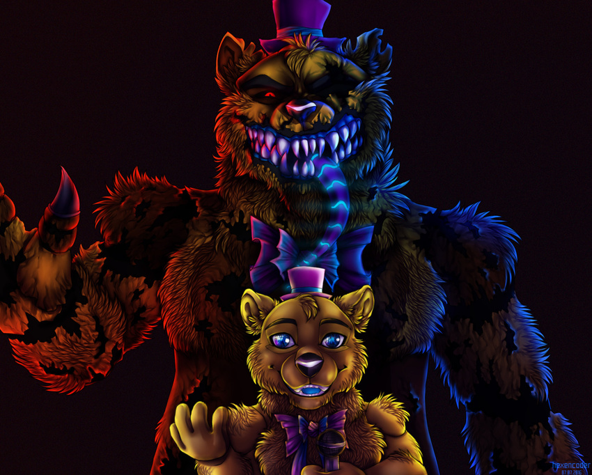 2016 animatronic anthro balakirevava bear digital_media_(artwork) duo five_nights_at_freddy's five_nights_at_freddy's_4 fredbear_(fnaf) machine male mammal nightmare_fredbear_(fnaf) robot scottgames