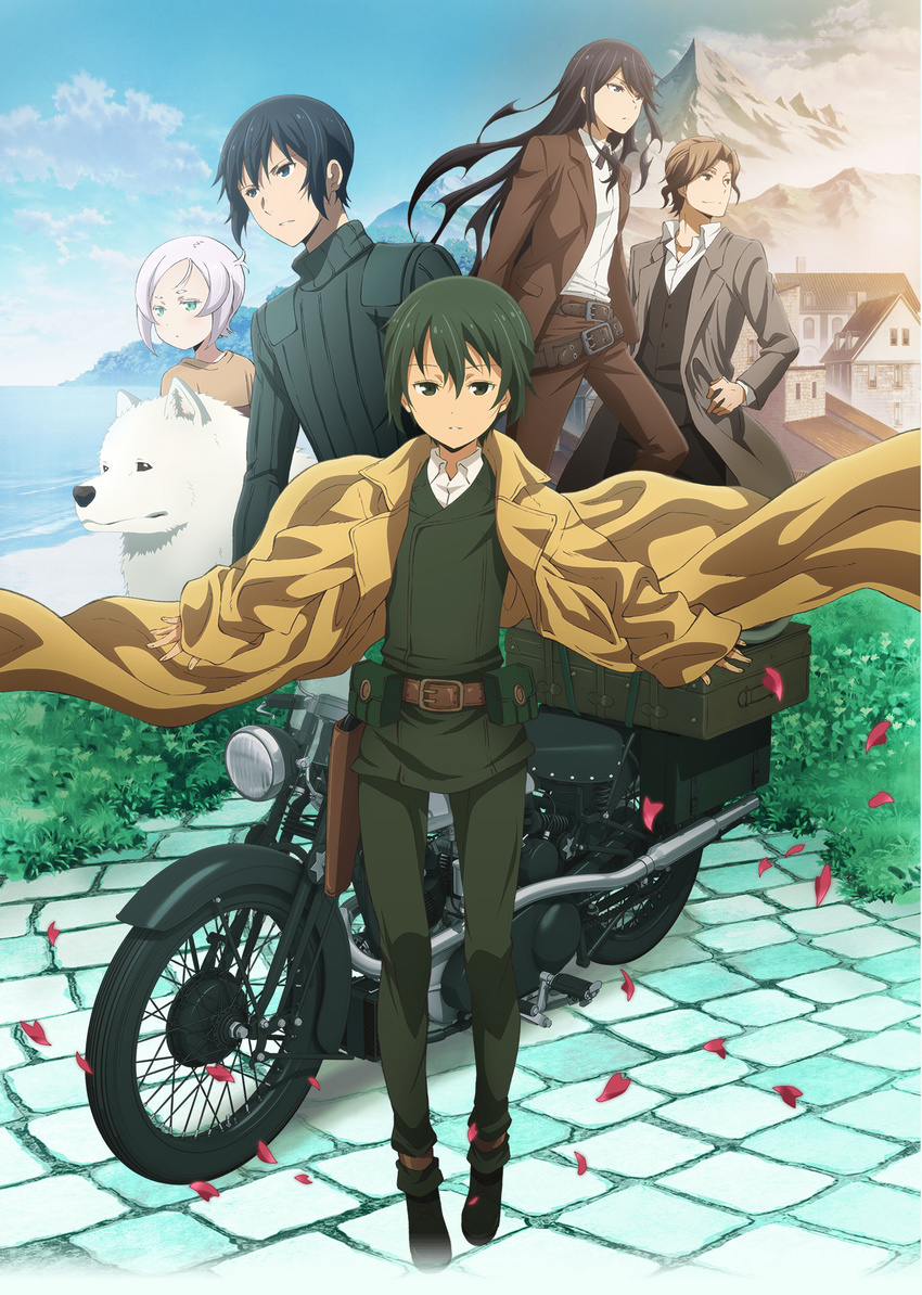 2boys 3girls aibou_(kino_no_tabi) beach belt black_hair brough_superior brown_eyes brown_hair canine coat day green_eyes hermes_(kino_no_tabi) highres key_visual kino_(kino_no_tabi) kino_no_tabi leather_belt long_hair motor_vehicle motorcycle mountain multiple_boys multiple_girls official_art petals promotional_art riku_(kino_no_tabi) shirt shishou_(kino_no_tabi) shizu_(kino_no_tabi) short_hair silver_hair stone_walkway suitcase tea_(kino_no_tabi) turtleneck white_shirt