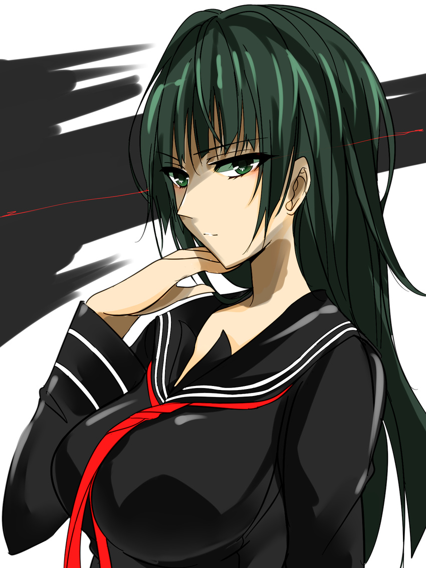 :| agetama black_bullet black_serafuku breasts closed_mouth commentary_request female from_side green_eyes green_hair highres large_breasts long_hair long_sleeves looking_at_viewer looking_to_the_side neckerchief school_uniform serafuku solo tendou_kisara upper_body v-shaped_eyebrows