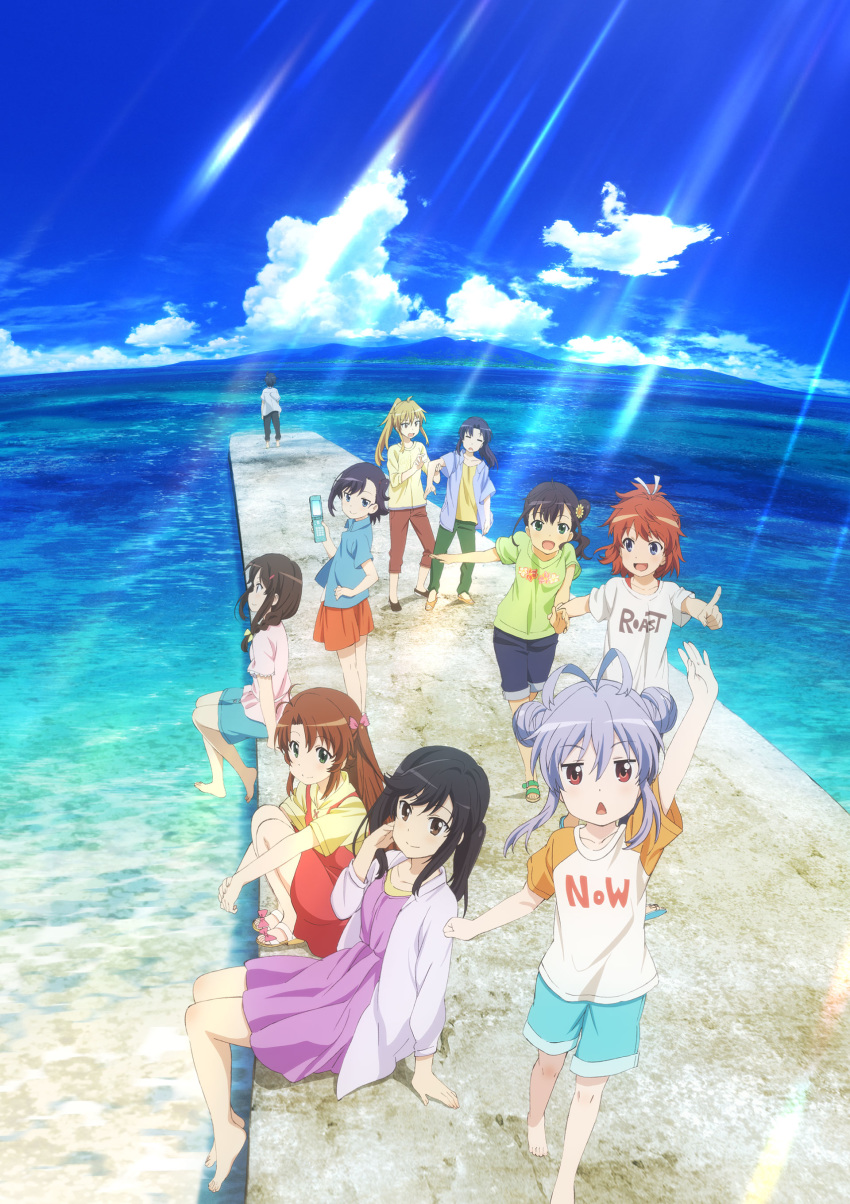 1boy 6+girls absurdres antenna_hair barefoot beach black_hair blonde_hair blue_eyes braid brown_eyes brown_hair cellphone cloud day dress flower fujimiya_konomi glasses green_eyes hair_flower hair_ornament hairclip harbor highres ichijou_hotaru kagayama_kaede key_visual koshigaya_komari koshigaya_natsumi koshigaya_suguru long_hair miyauchi_hikage miyauchi_kazuho miyauchi_renge multiple_girls niizato_aoi non_non_biyori ocean official_art outdoors phone pier ponytail promotional_art shirt shore short_hair shorts side_ponytail skirt sunlight t-shirt triangle_mouth twintails water waving_arm