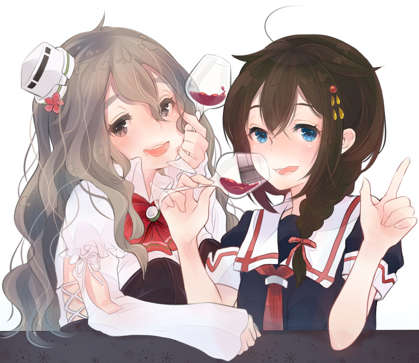 2girls ahoge bad_id bad_pixiv_id black_shirt blue_eyes blush bow braid brown_hair cointreau cup drinking_glass drunk grey_eyes grey_hair hair_between_eyes hat head_tilt highres holding holding_cup index_finger_raised kantai_collection long_hair looking_at_viewer mini_hat multiple_girls neckerchief nose_blush open_mouth pola_(kancolle) red_bow red_neckerchief red_ribbon remodel_(kantai_collection) ribbon sailor_collar saliva shigure_(kancolle) shirt short_sleeves simple_background sitting sleeves_past_wrists tilted_headwear upper_body wavy_hair white_background white_hat wine_glass